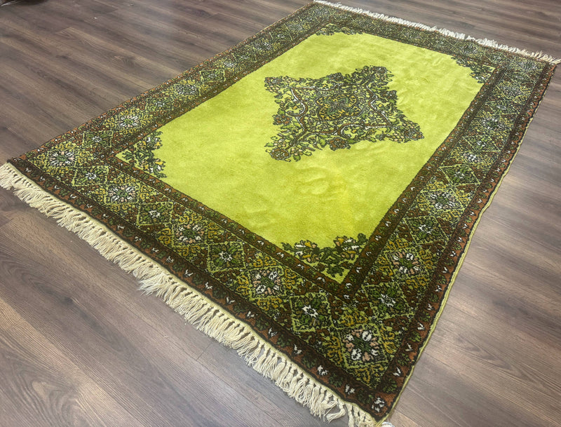 Moroccan Rug 6x8, Semi Open Field, Vintage, Lime Green, Wool Carpet by Jewel Rugs