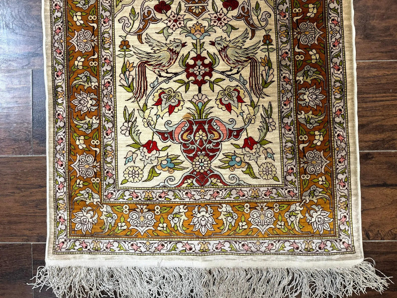 Silk Turkish Hereke Rug 2x3, Birds Lantern Very Fine 400 KPSI, Signed by Masterweaver, Wonderful, Rare, Small Hereke Rug by Jewel Rugs