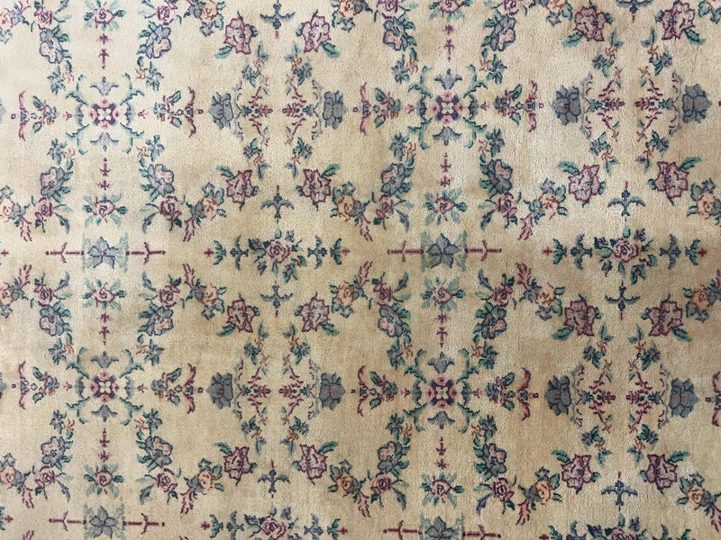Sino Persian Rug 8x10, Floral, Oatmeal and Light Teal, Handmade Wool Vintage Carpet by Jewel Rugs