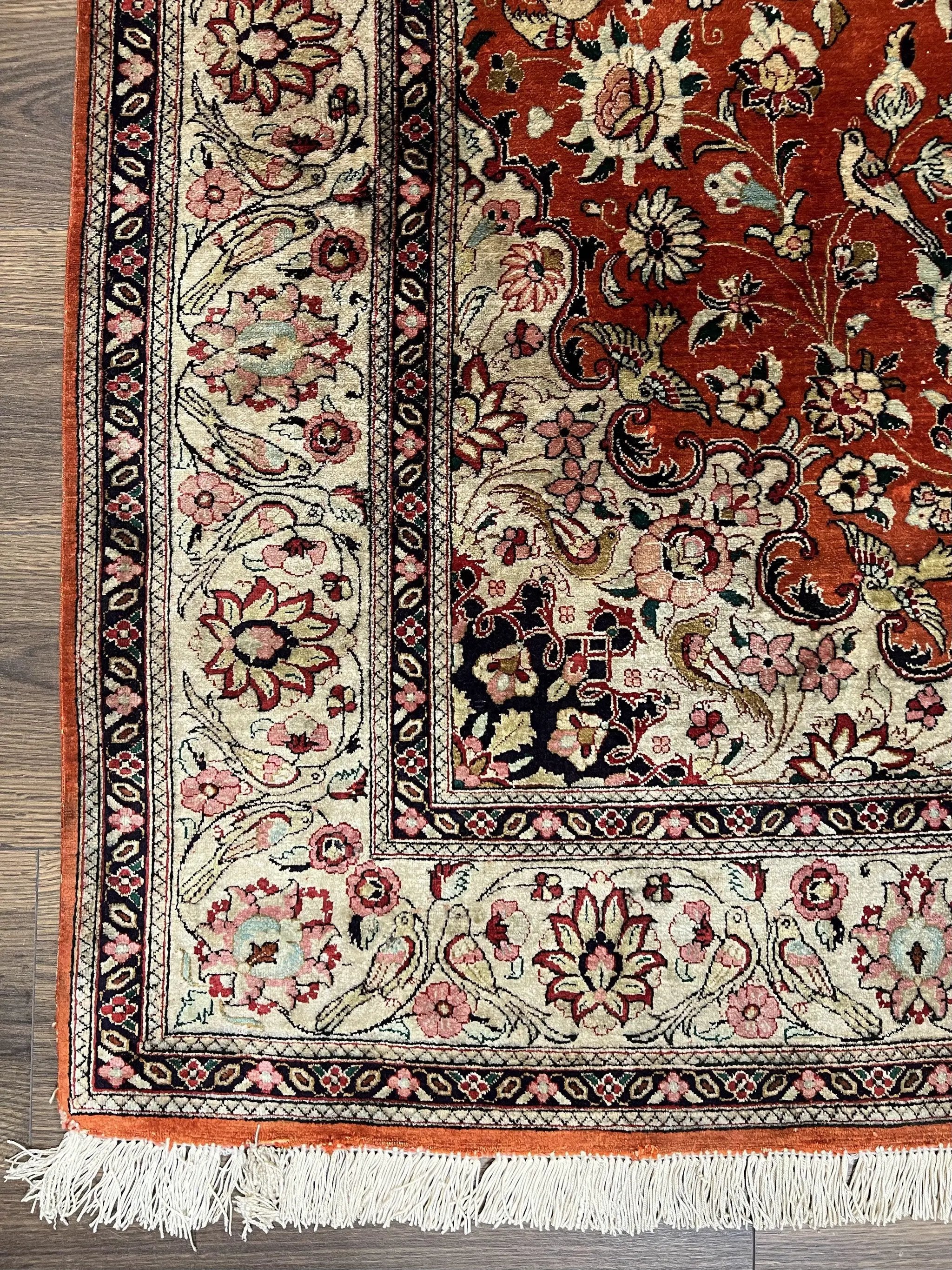 Persian Qum Silk Rug 5x7 - Floral Medallion, Birds, Orange-Red by Jewel Rugs