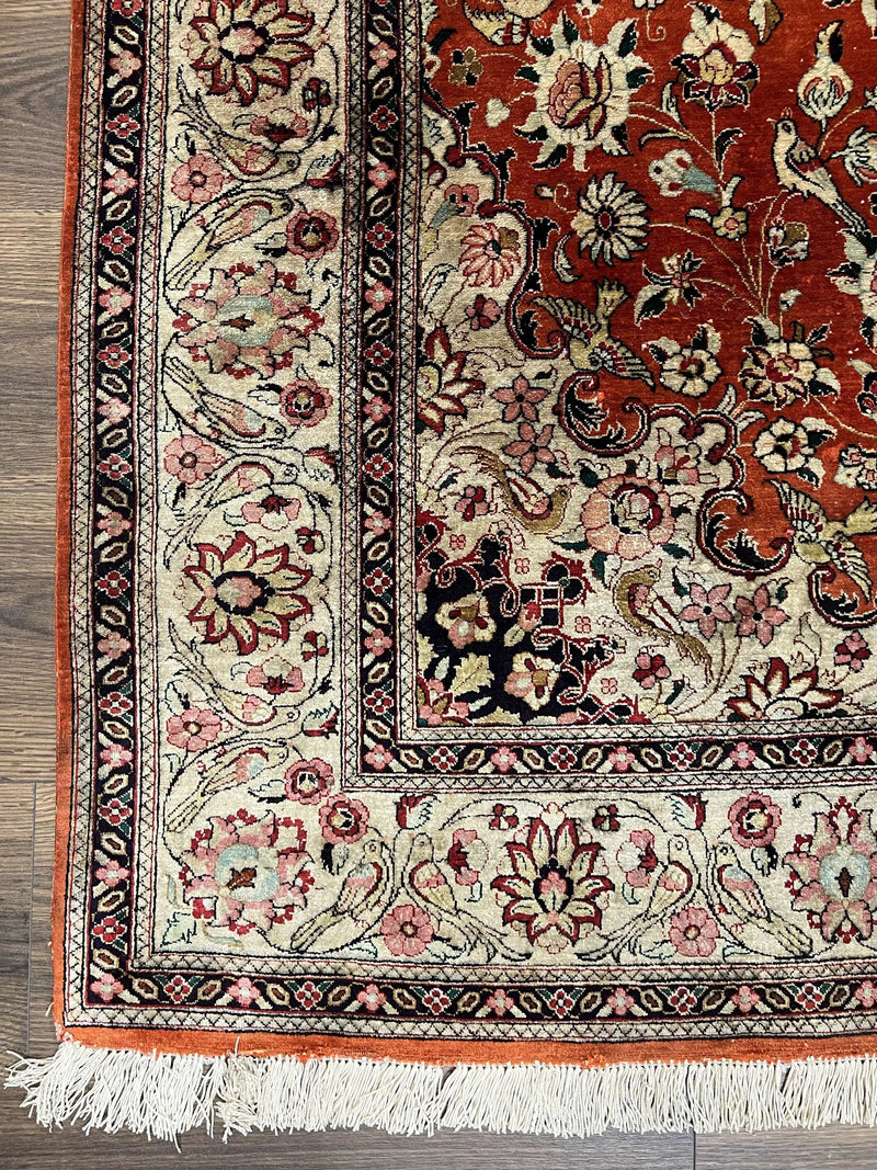 Persian Qum Silk Rug 5x7 - Floral Medallion, Birds, Orange-Red by Jewel Rugs