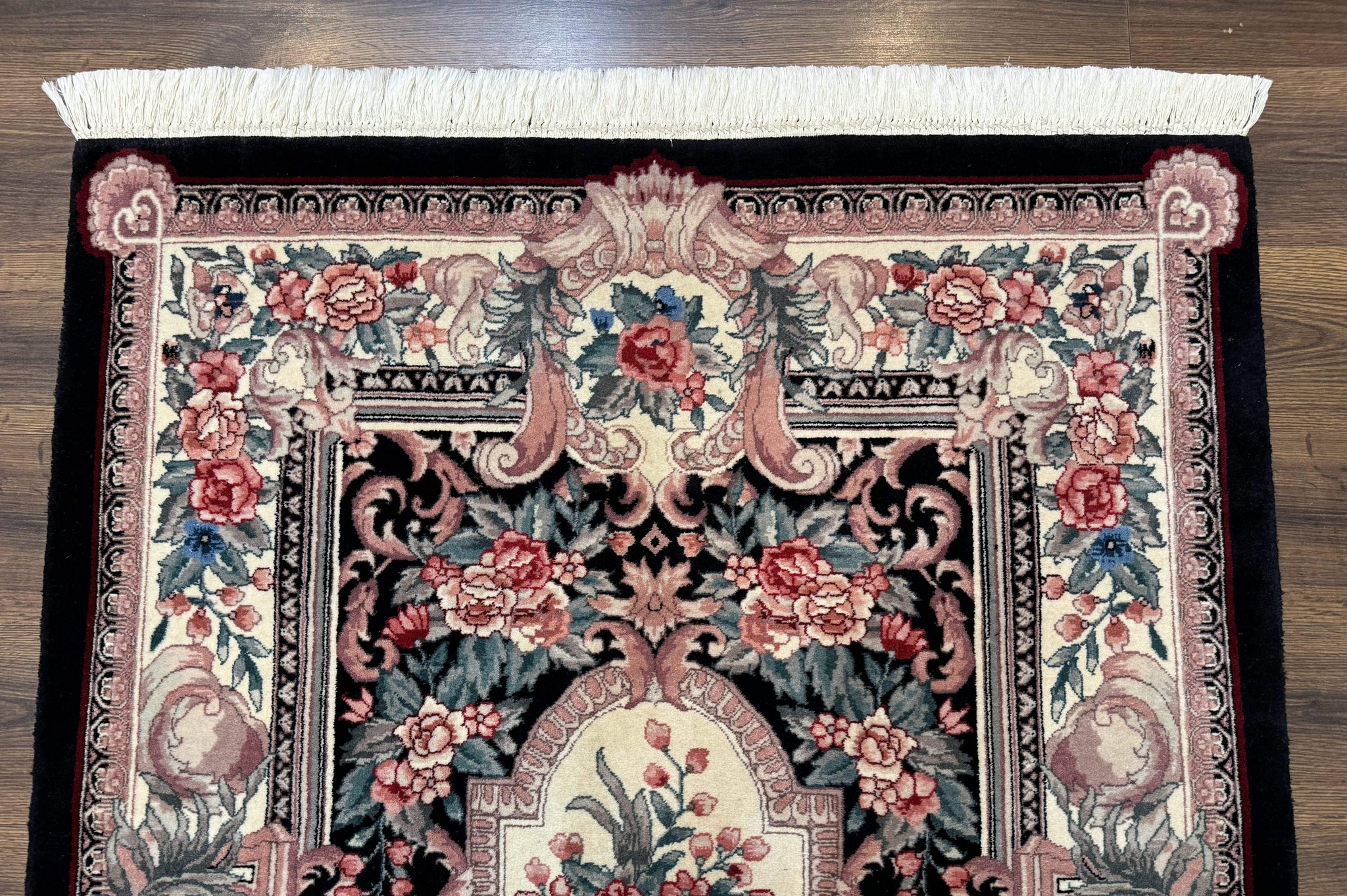Aubusson Rug 4x6, Elegant European Floral Design, Black and Ivory, Fine 200 KPSI by Jewel Rugs