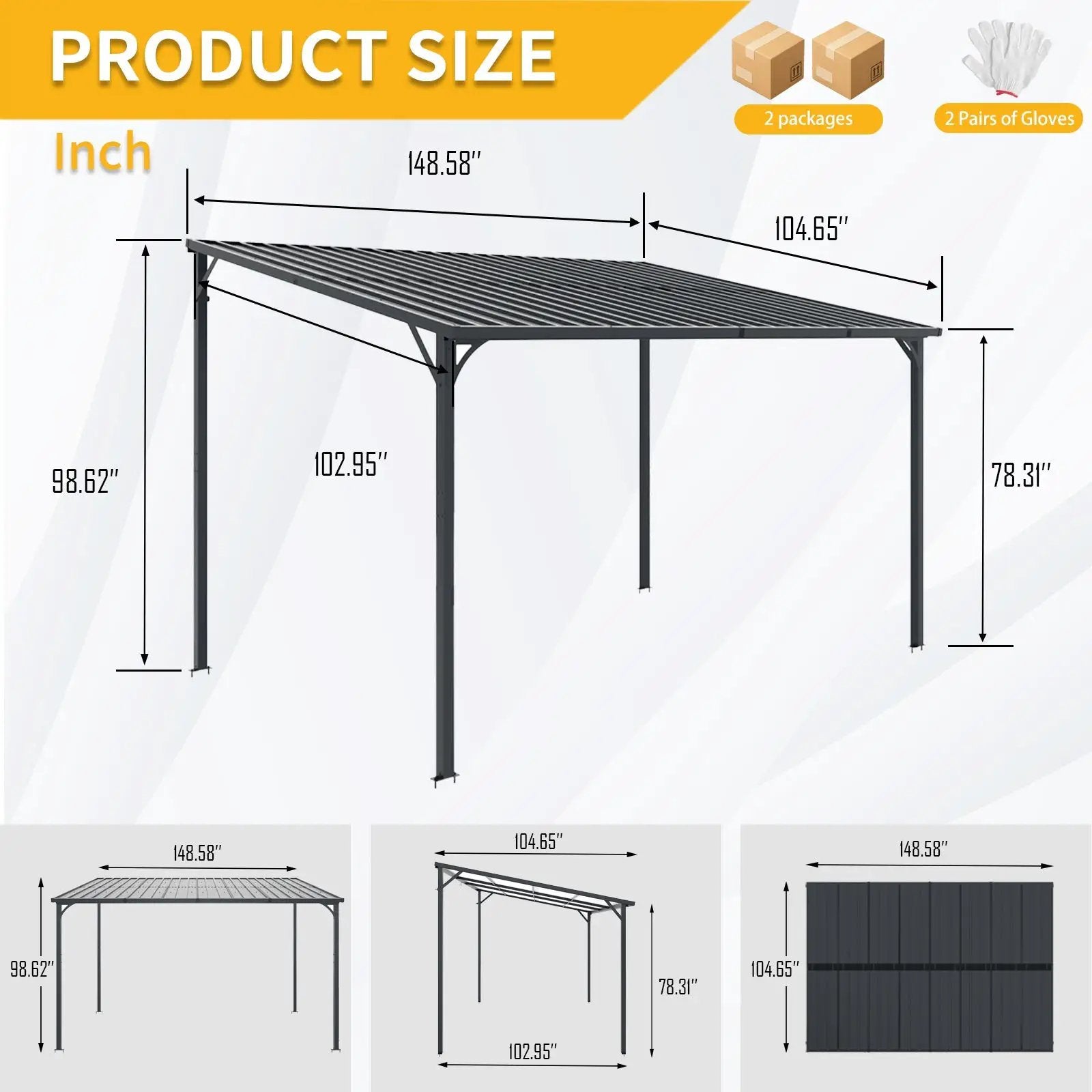 Outdoor Pergola 12' x 8' Galvanized Steel Lean-to Wall-Mounted by HouseOfZazla