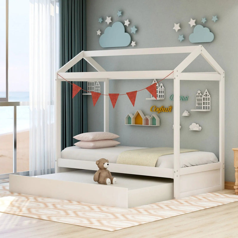 House Bed With Trundle In, Twin Size - White by Unique Piece Furniture