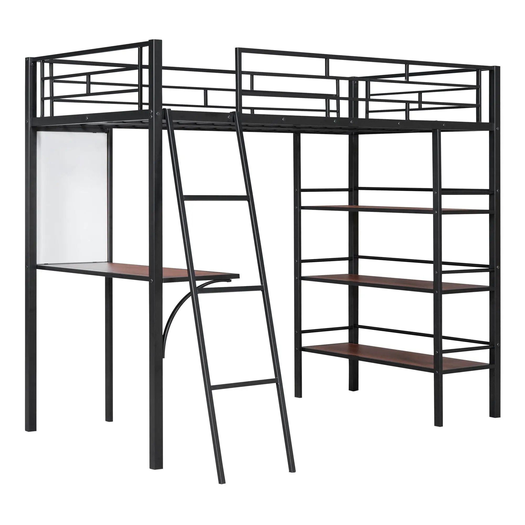 Loft Metal Bed With 3 Layers Of Shelves And Desk, Stylish Metal Frame Bed With board by HouseOfZazla