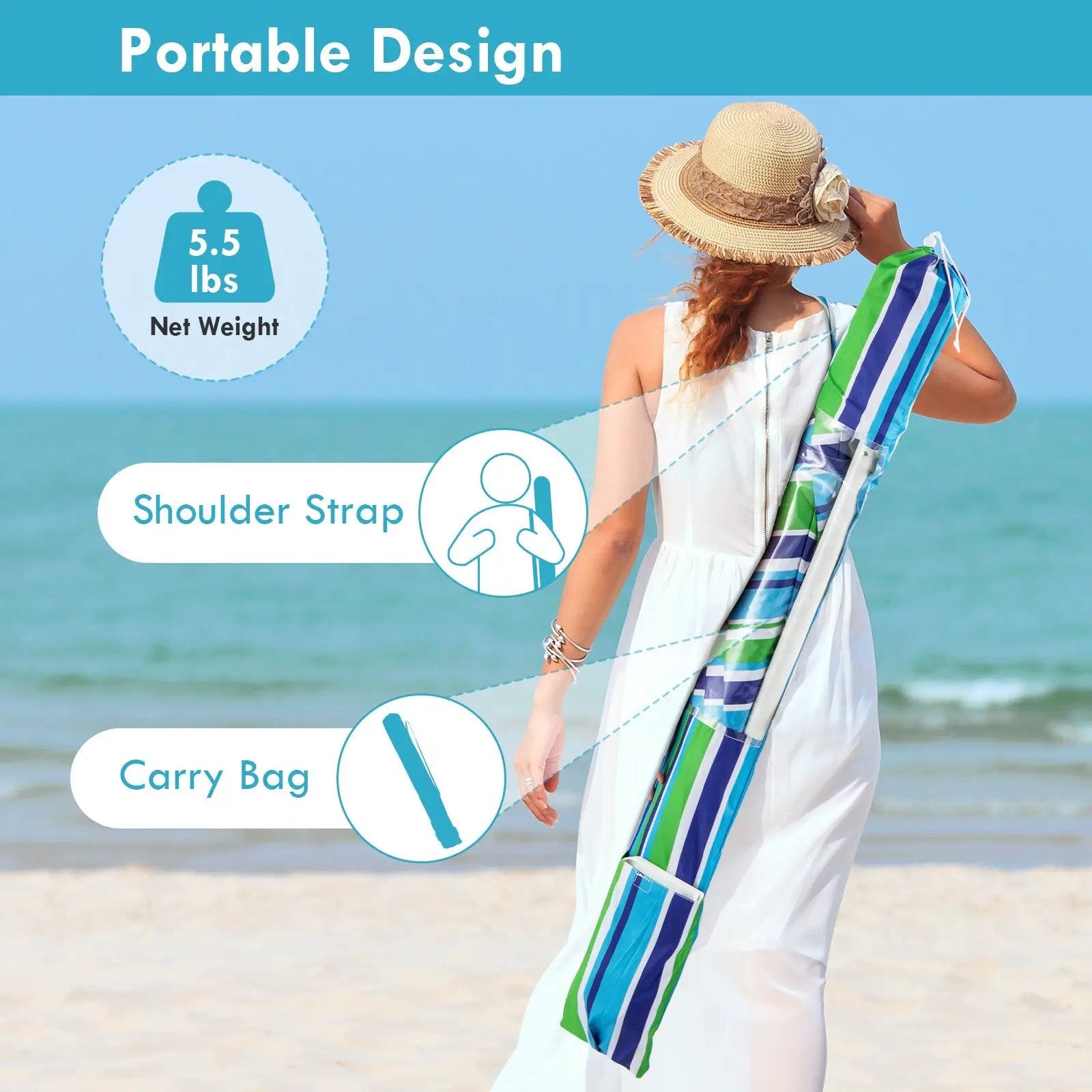 7.2 Feet Portable Outdoor Beach Umbrella with Sand Anchor and Tilt Mechanism by DirectDeals