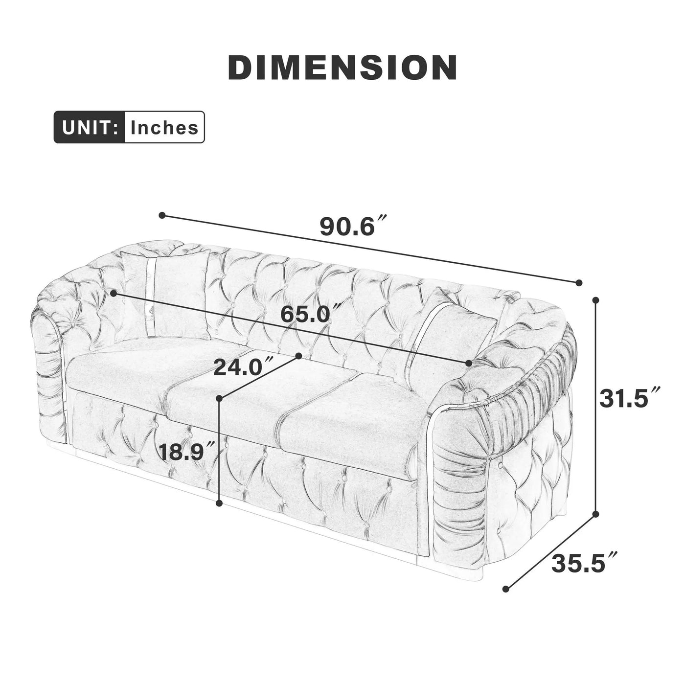Button Tufted Couch With 2 Pillows, 3 Seater Luxury Chesterfield Sofa by HouseOfZazla