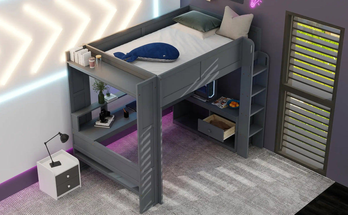 Wood Full Size Gaming Loft Bed with Desk, Multi-storage Shelves, LED and Charging Station, photo 7 of 10
