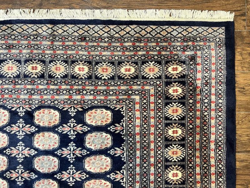 Pakistani Bokhara Rug 8x10, Turkoman Carpet, Dark Blue and Beige, Vintage Handmade Wool Carpet by Jewel Rugs
