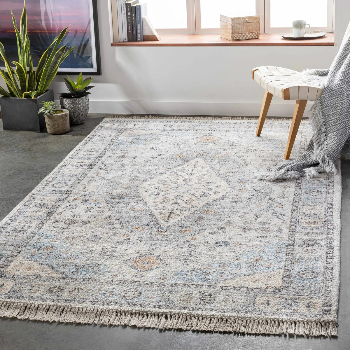 Fernhurst Distressed Beige Viscose&Cotton Rug - Clearance, installed in a room