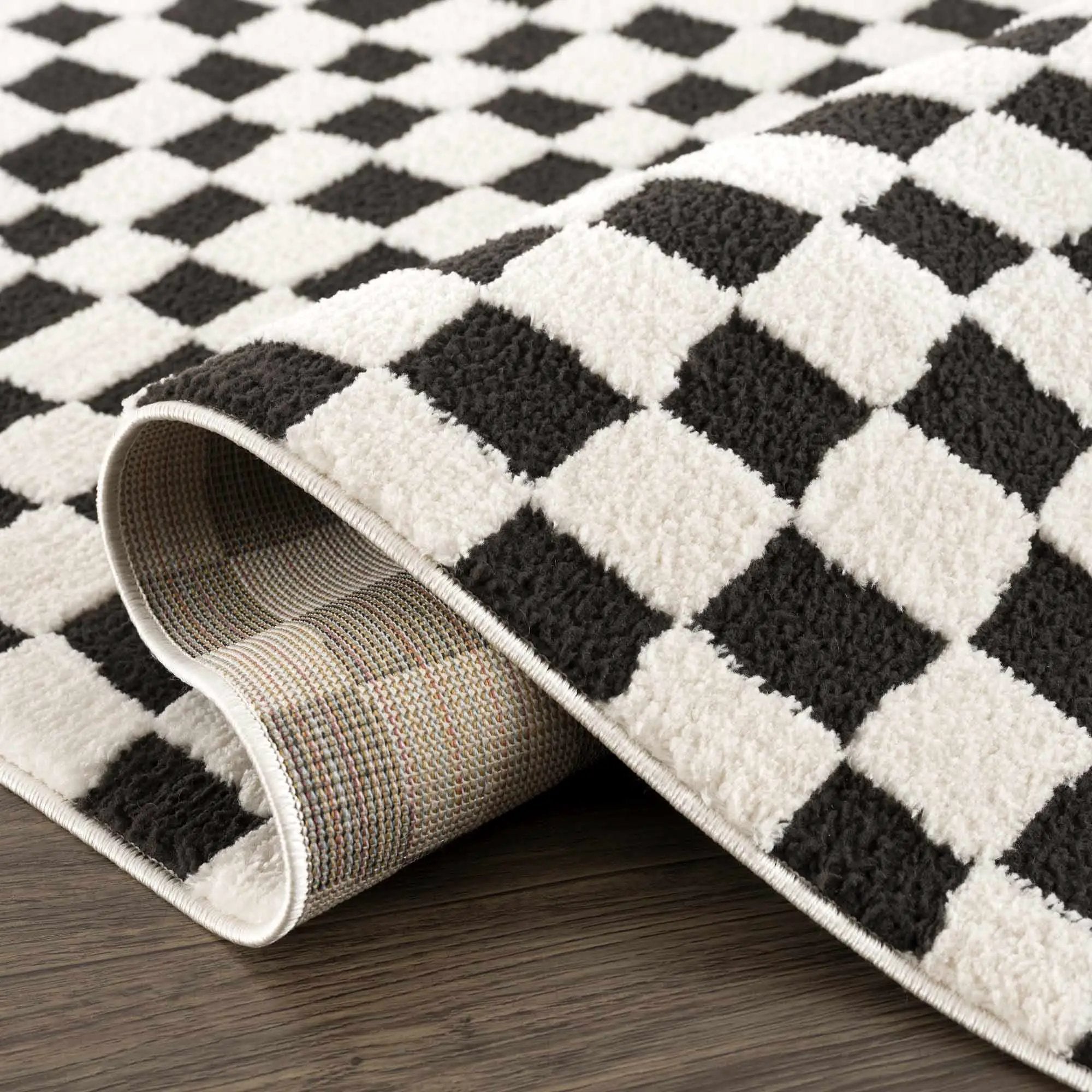 Lajos Black & White Checkered Plush Rug by Boutique Rugs