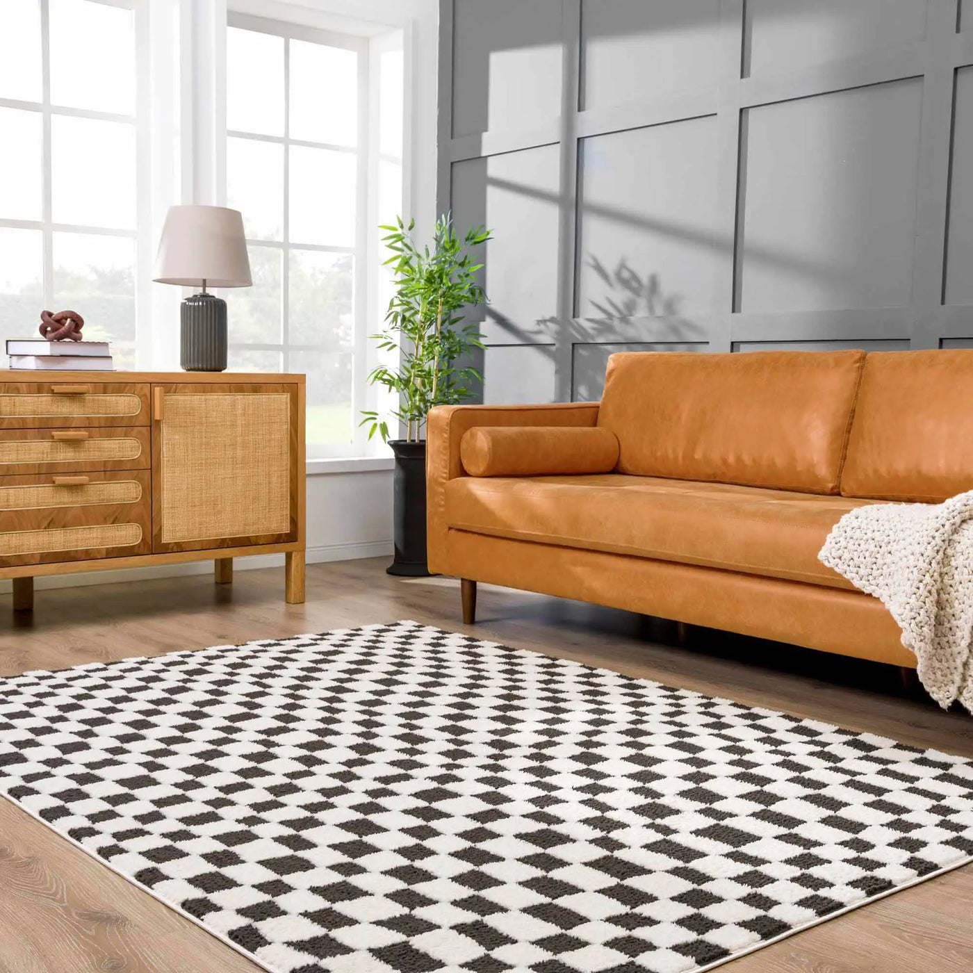Lajos Black & White Checkered Plush Rug by Boutique Rugs