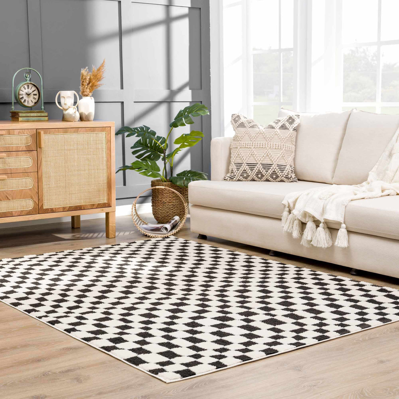 Lajos Black & White Checkered Plush Rug by Boutique Rugs