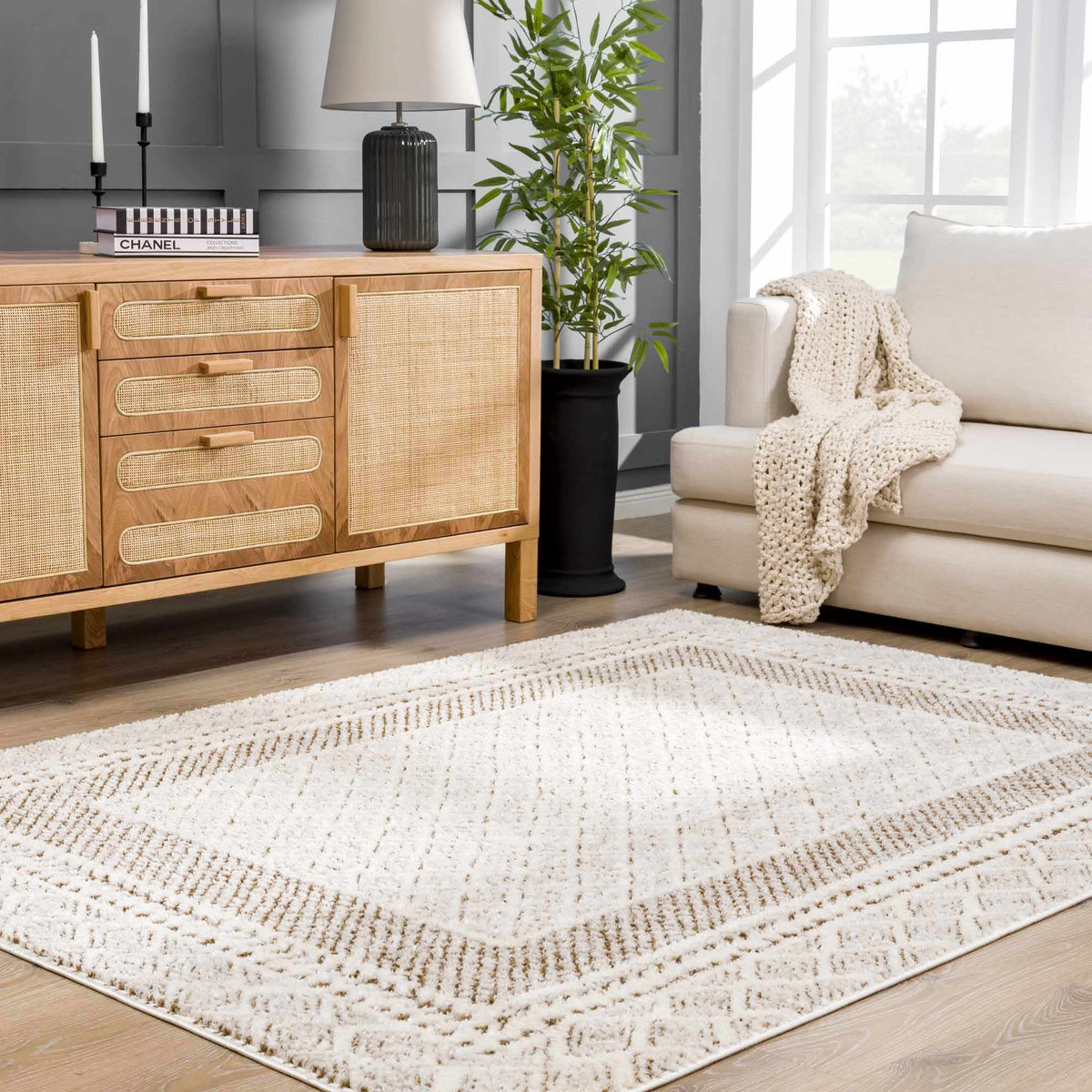 Julio Scandi Boho Area Rug - Brown, installed in a room