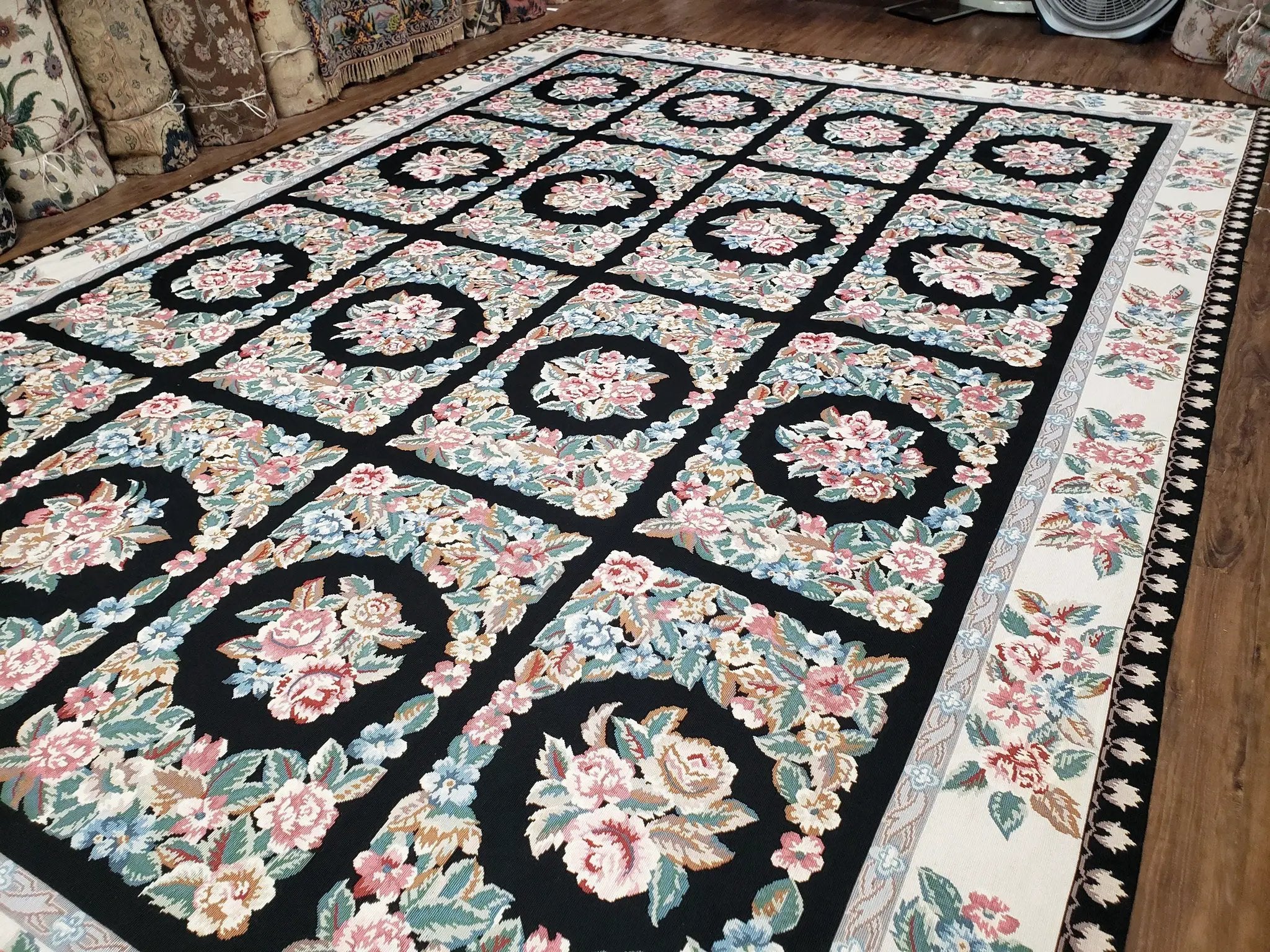 Floral Needlepoint Rug 9.5 x 13.6, Floral Panel Design, Black and Ivory Flatweave Aubusson Carpet, Multicolor by Jewel Rugs