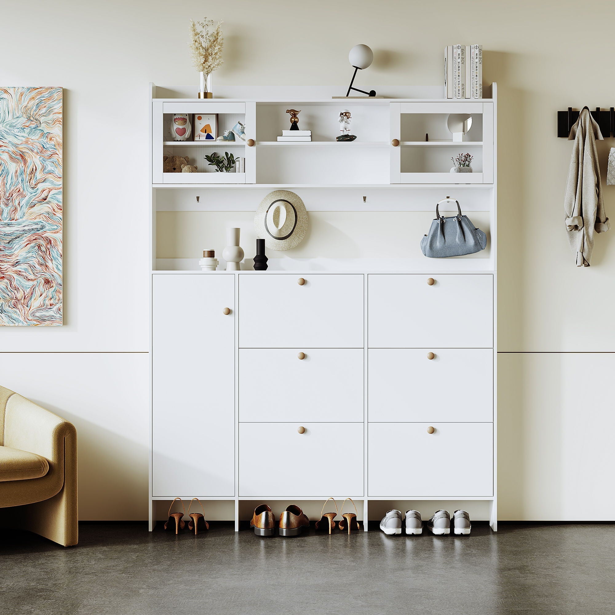 On Trend Multifunctional Tipping Bucket Shoe Cabinet With Storage Shelf & 6 Flip Drawers by Unique Piece Furniture