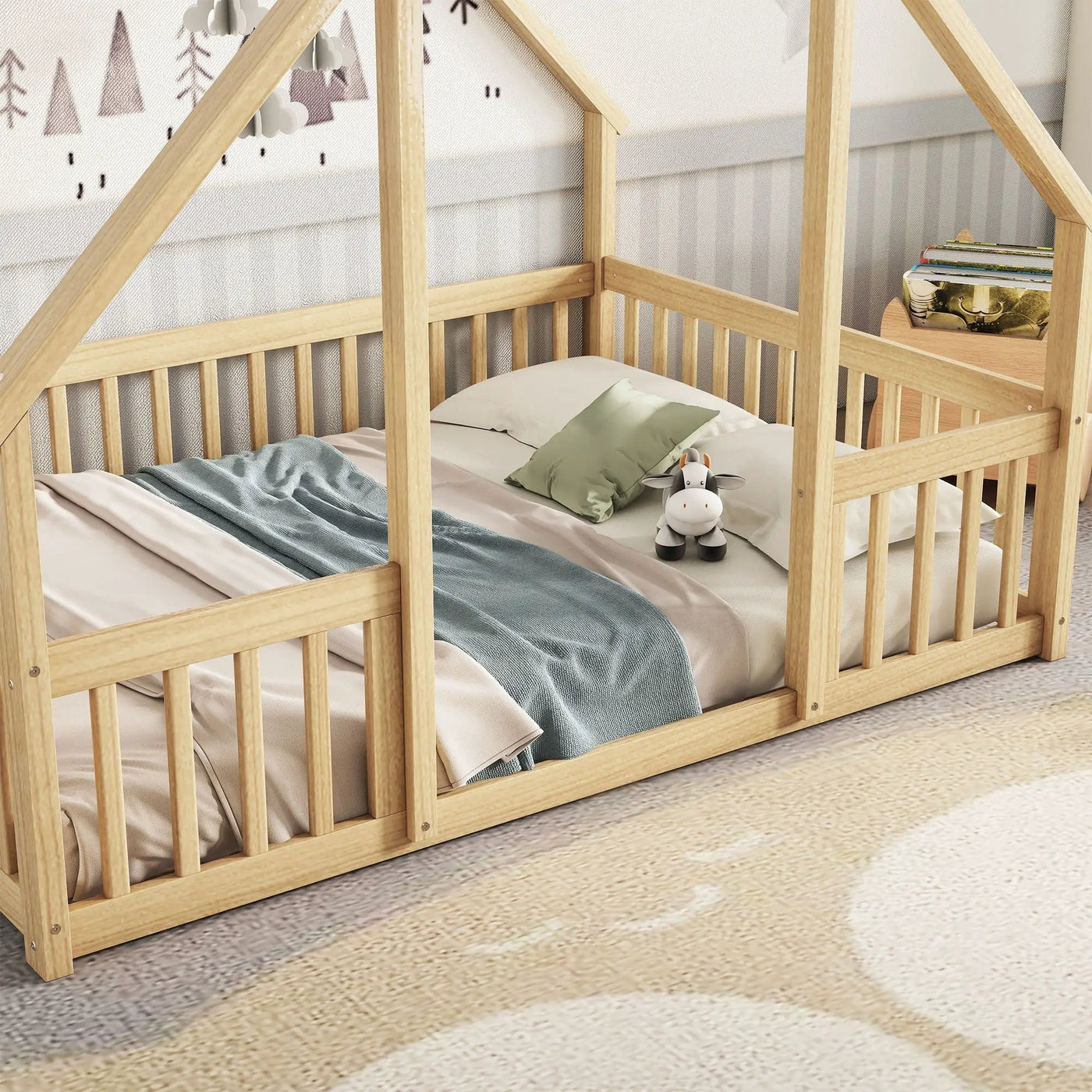 Wood House-Shaped Floor Bed With Fence, Guardrails by Unique Piece Furniture