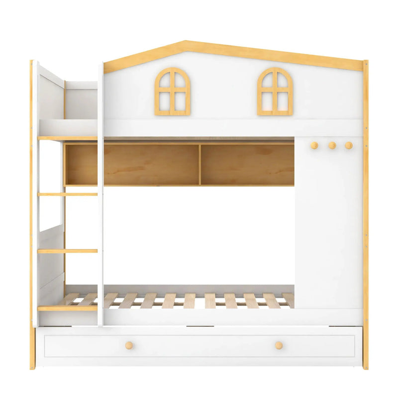 Full Over Full Bunk Bed With Storage Shelves And Trundle - White / Natural by HouseOfZazla