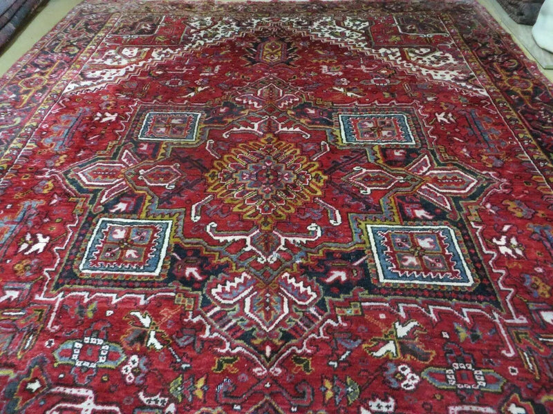 Heriz Rug 9x11, Geometric Persian Carpet Room Sized, Tribal Medallion Rug, Red Ivory Dark Blue Handmade Wool Rug for Living Room Dining Room by Jewel Rugs