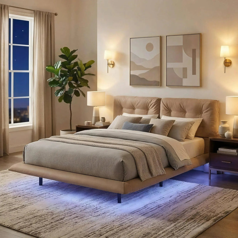 Queen Size Upholstered Floating Bed Frame with LED Lights, Khaki by HouseOfZazla