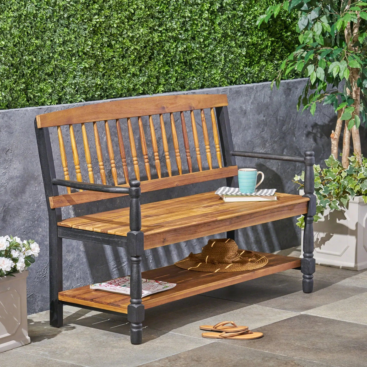 Slatted Bench With Built In Shelf by HouseOfZazla