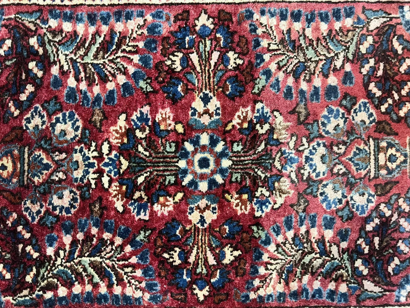 Antique Persian Sarouk Rug 2 x 2.5, Small Sarouk Carpet, Red Floral 1920s Red, Fine 170 KPSI, Wool Handmade Rug by Jewel Rugs