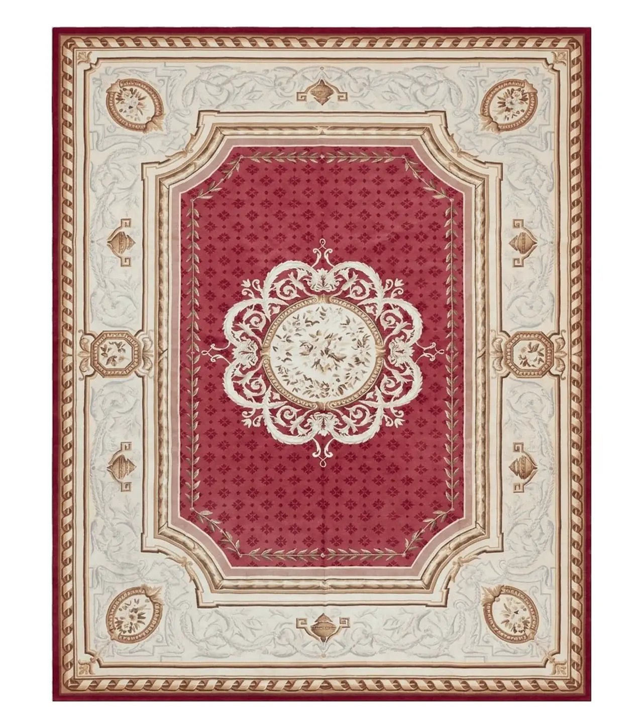 Aubusson Rug 9x12 ft, Red and Ivory Elegant Aubusson Carpet, Flatweave, Vintage Wool Handmade Area Rug 9 x 12, French European Design by Jewel Rugs