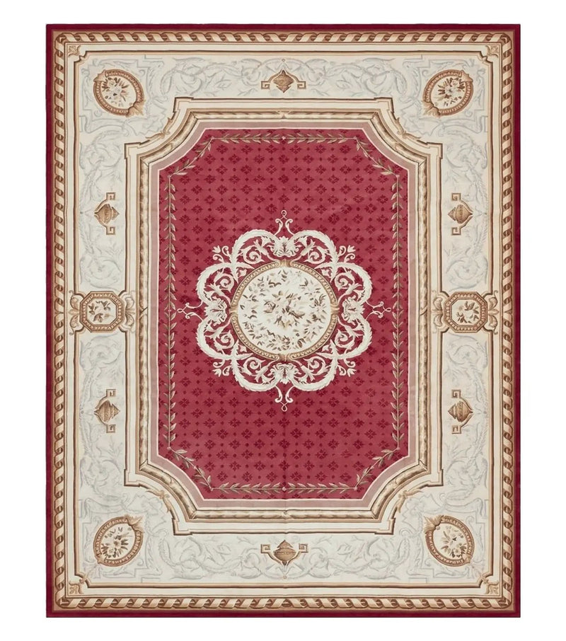 Aubusson Rug 9x12 ft, Red and Ivory Elegant Aubusson Carpet, Flatweave, Vintage Wool Handmade Area Rug 9 x 12, French European Design by Jewel Rugs
