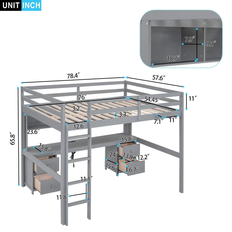 Loft Bed With Desk, Cabinets, Drawers, Charging Station And Bedside Tray