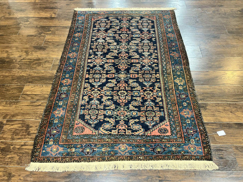 Antique Persian Tribal Rug 5x7, Navy Blue & Pink, Hand Knotted Handmade 1920s Wool Rug, Allover Pattern, Persian Hamadan Rug by Jewel Rugs