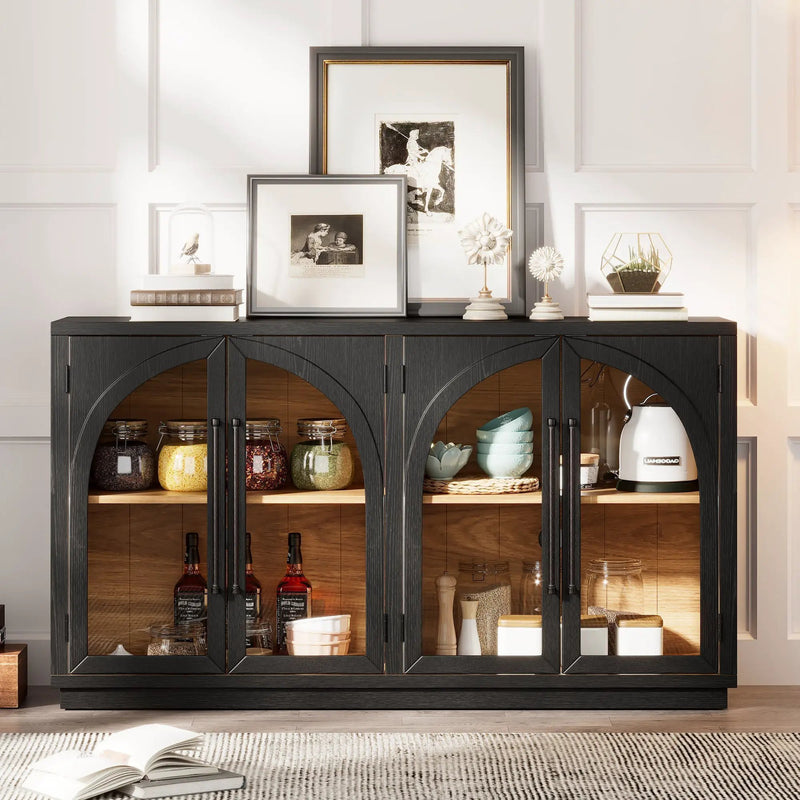 4-Door Large Storage Sideboard Buffet Cabinet with Glass Doors Arched Cabinet (Black) by HouseOfZazla