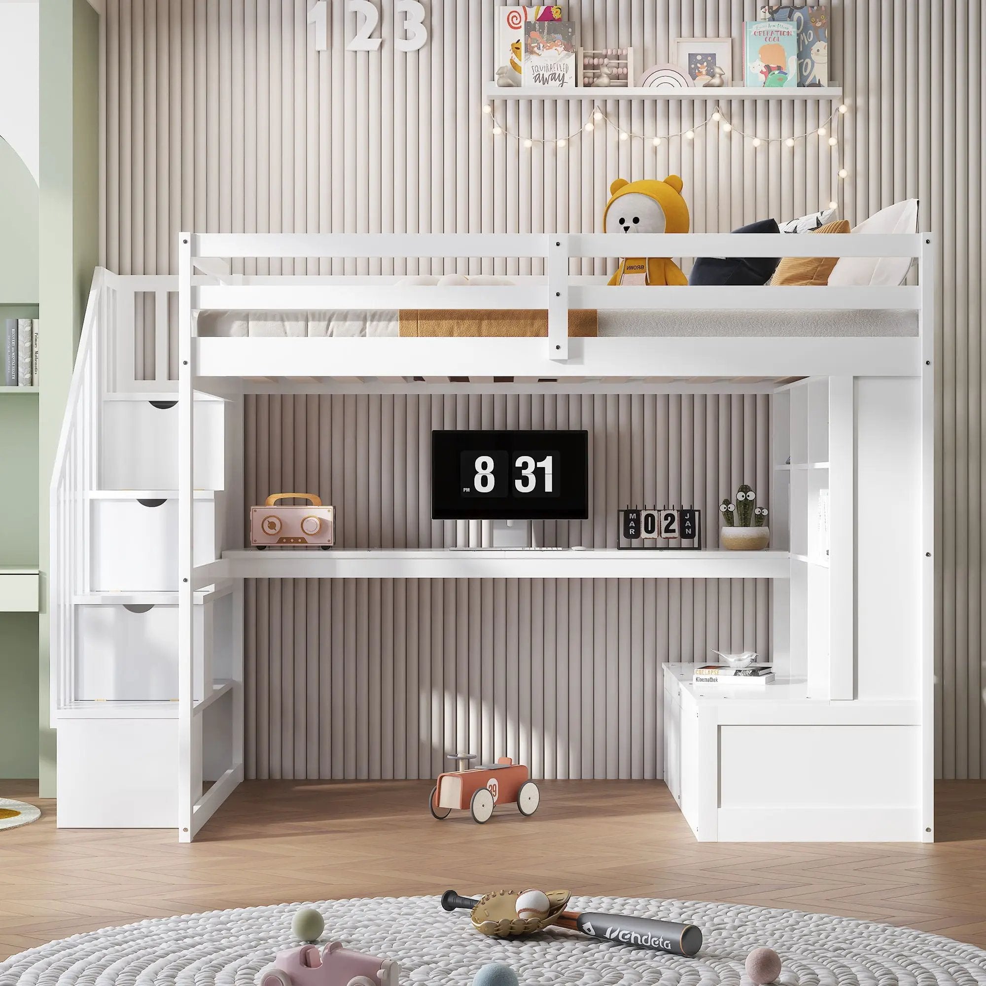 Full Size Loft Bed With Desk And Shelves, 2 Built In Drawers, Storage Staircase - White by Unique Piece Furniture