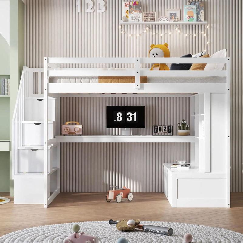 Full Size Loft Bed With Desk And Shelves, 2 Built In Drawers, Storage Staircase - White by Unique Piece Furniture