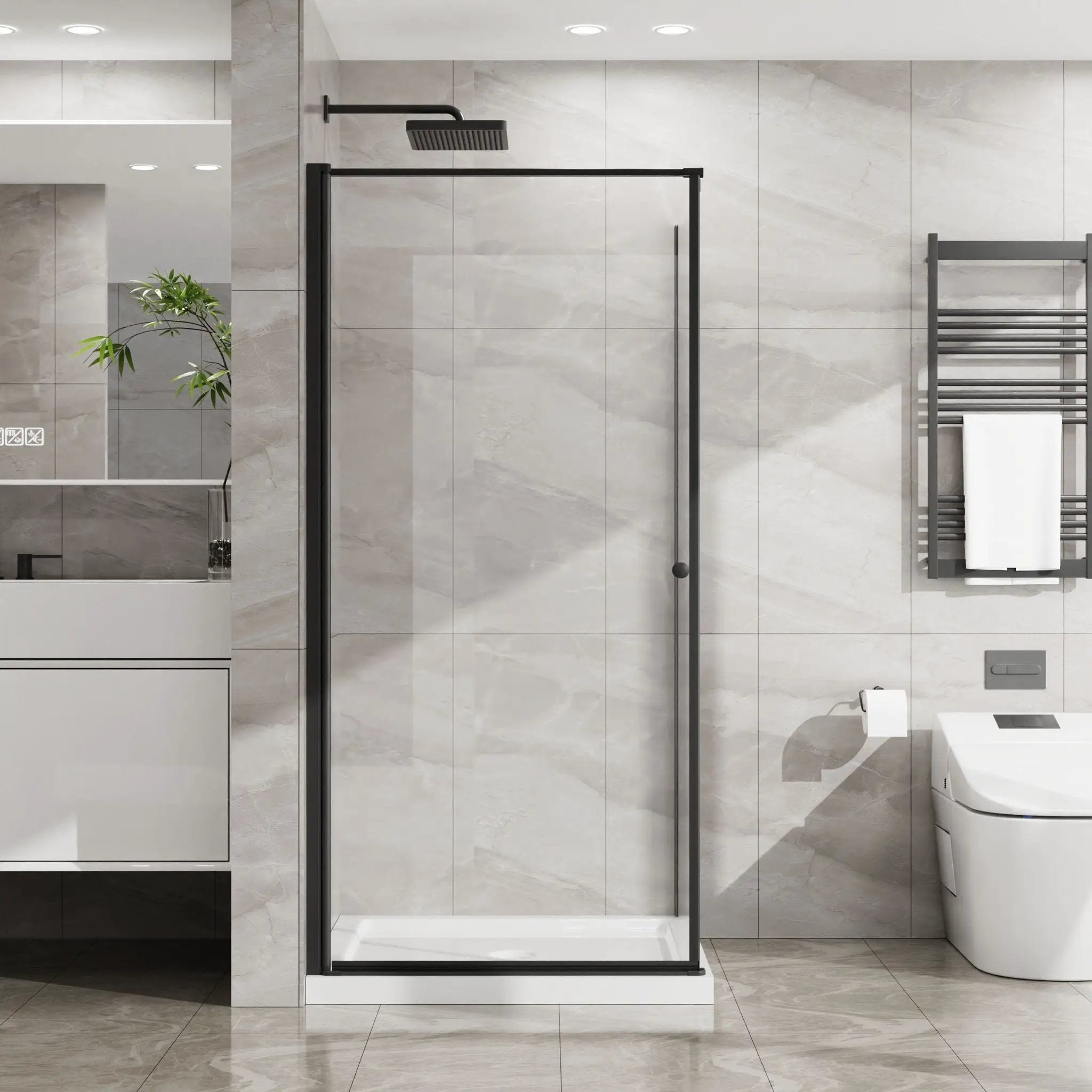 Corner Shower Enclosure, Frameless Pivot Door - Matte Black by HouseOfZazla