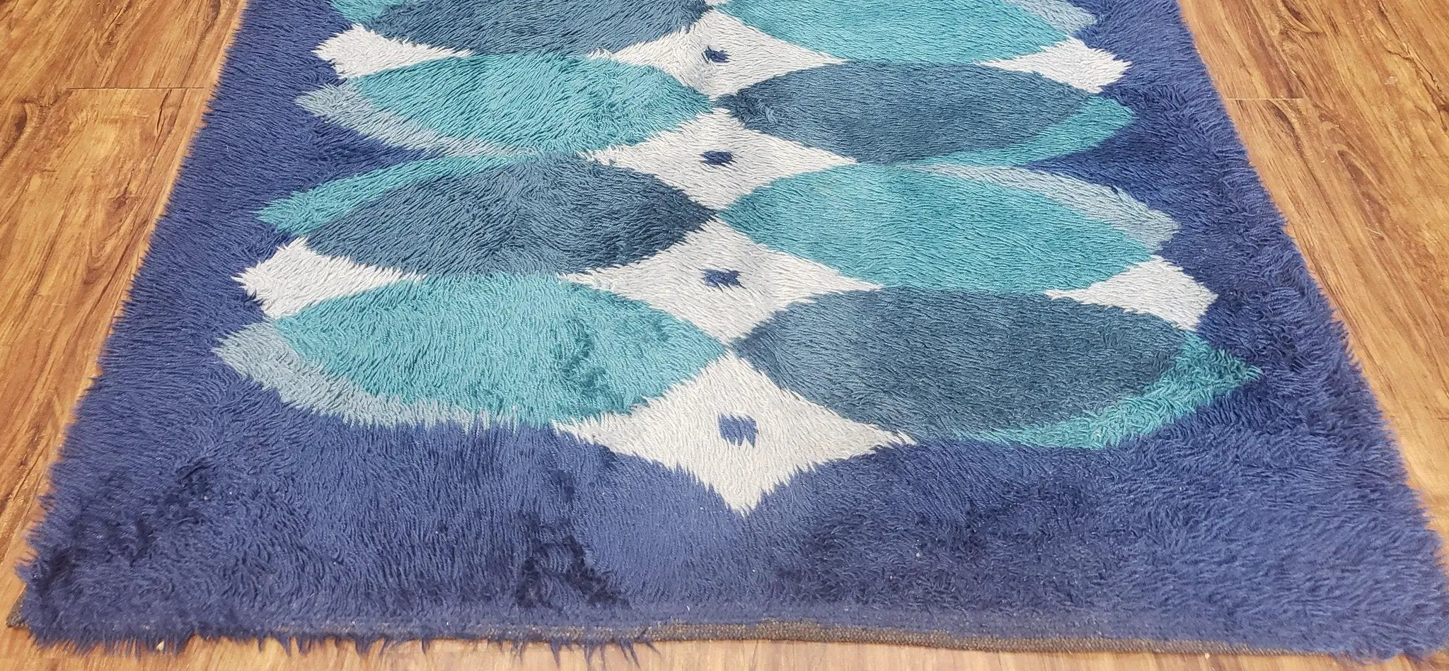Blue Rya Rug, 1960s Mid-Century Modern Danish Shag Rug 4'6" x 6'7", Ege Rya, Abstract by Jewel Rugs
