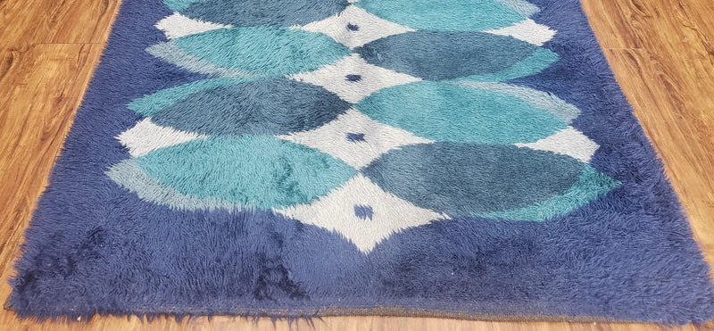 Blue Rya Rug, 1960s Mid-Century Modern Danish Shag Rug 4'6" x 6'7", Ege Rya, Abstract by Jewel Rugs