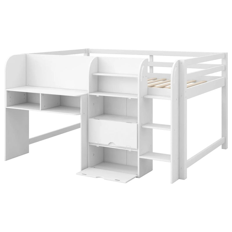 Low Loft Bed With Built In Desk, Storage Cabinets, Open Bookcase And Doodle board by Unique Piece Furniture