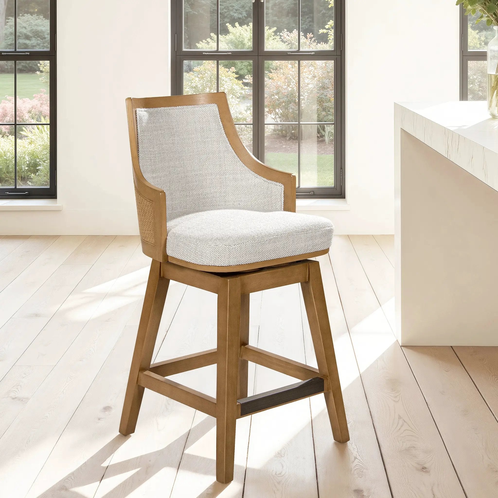 Bahama 26" Cane Rattan High-Back Swivel Counter Stool with Recessed Arms by HouseOfZazla