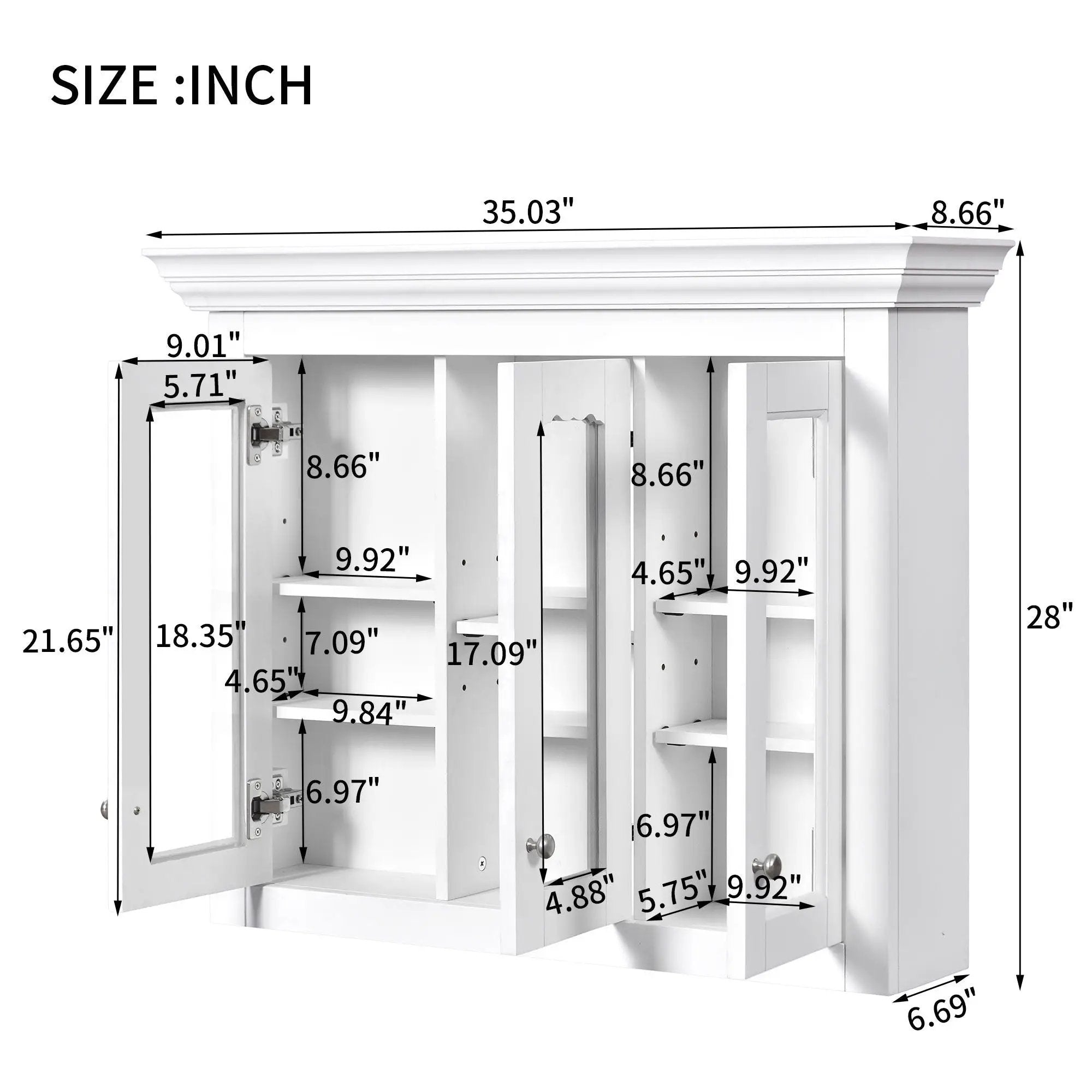 Bathroom Medicine Cabinet With Mirror, 5 Adjustable Closed Shelves, Wall-Mounted - White by Unique Piece Furniture