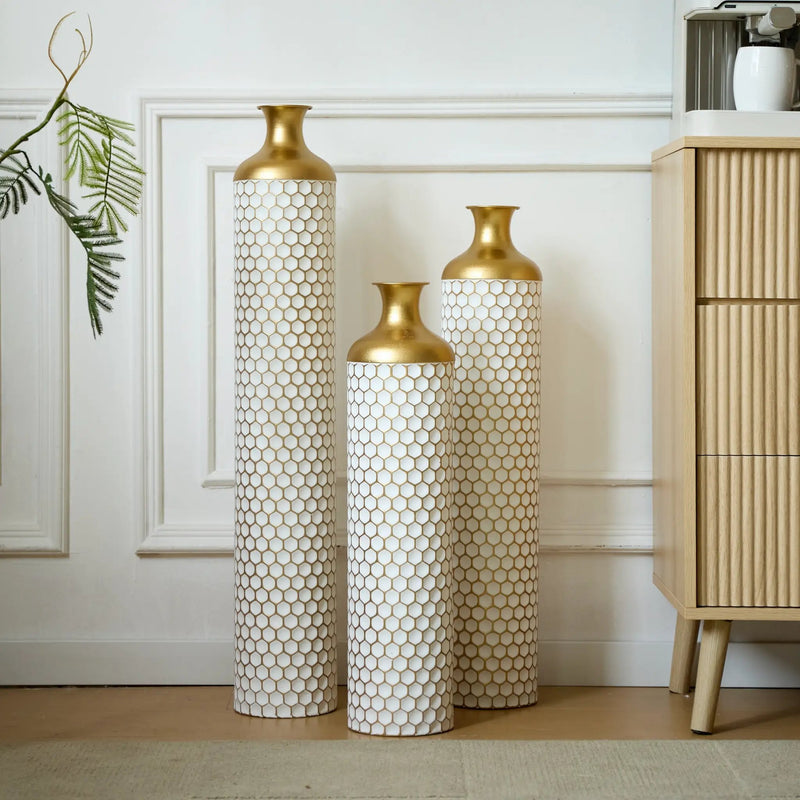 3-Piece Modern Metal Vase Set - White & Gold by HouseOfZazla