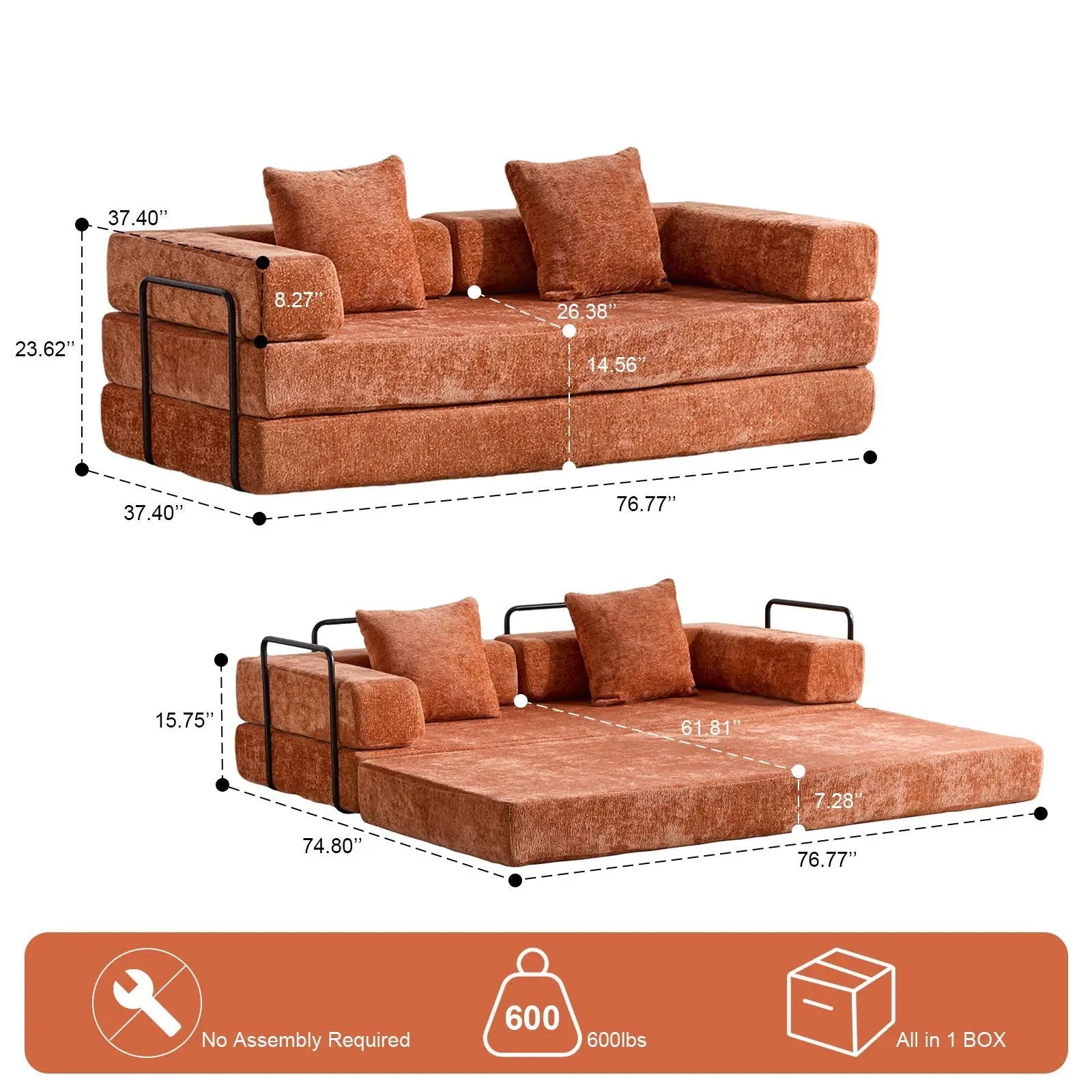 Convertible Floor Sofa Bed With Pillow Back Support Armrest by HouseOfZazla