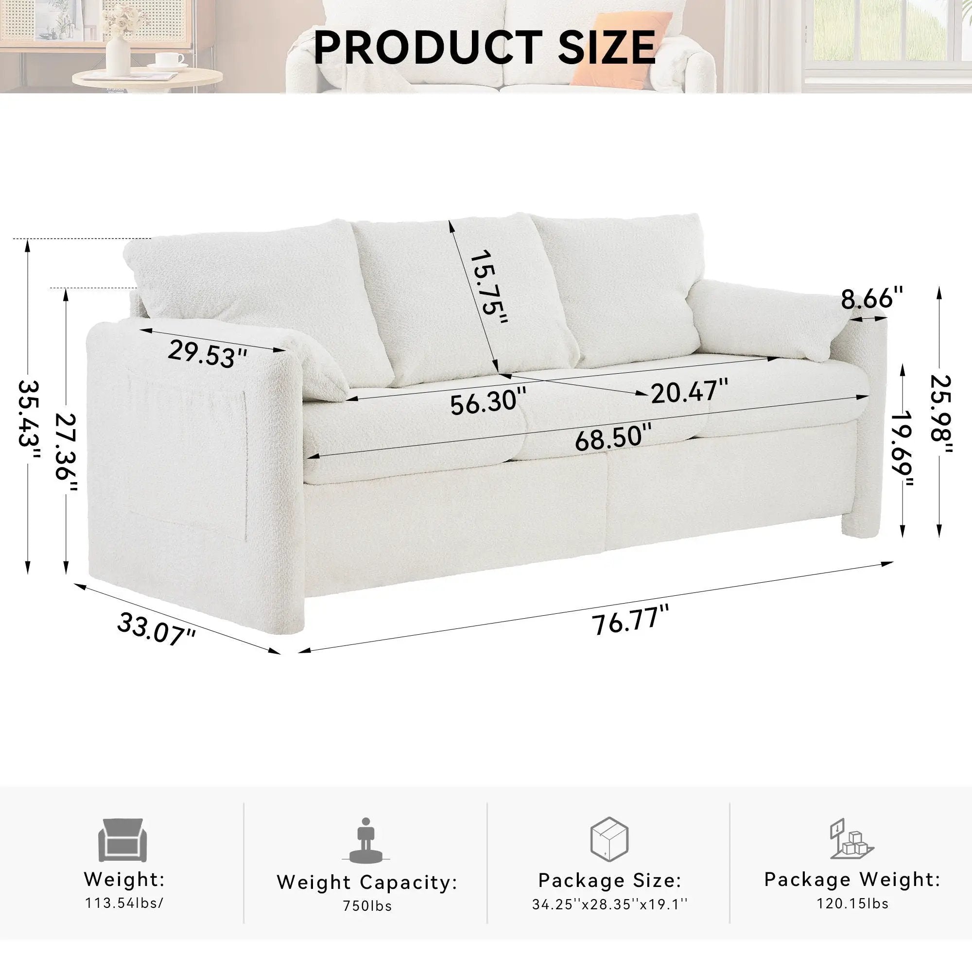 Modern 3 Seater Sofa Chenille Couch Plush Triple Seater Sofa With High Density Foam Cushions, Deep Seat Living Room Couch For Family Room, Apartment & Home Theater - Ivory White by HouseOfZazla