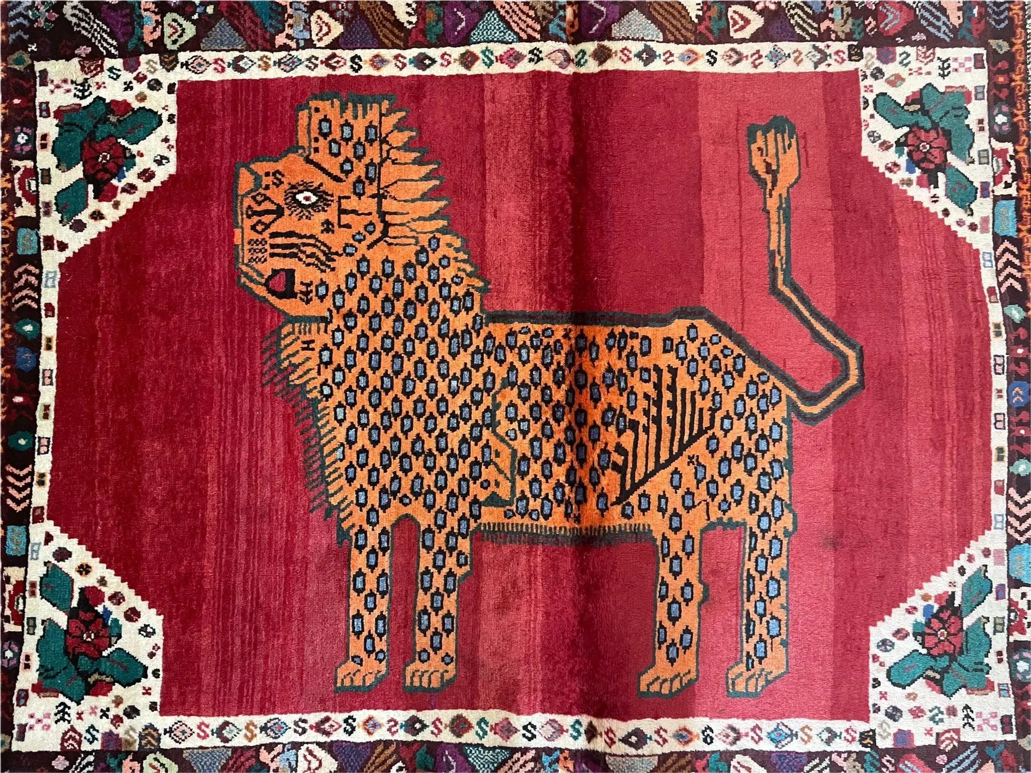 Antique Persian Gabbeh Wool Rug 4x5, Lion Pictorial Rug, Red Orange Black, Hand Knotted Handmade Vintage Gabbeh Carpet 4 x 5 ft, Tribal Rug by Jewel Rugs