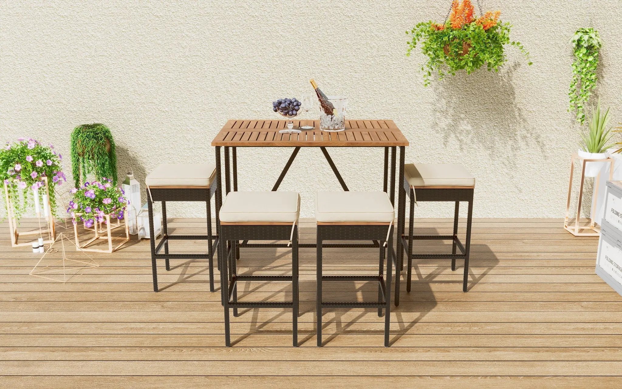 Outdoor Acacia Wood Bar Height Table And Eight Stools With Cushions by Unique Piece Furniture