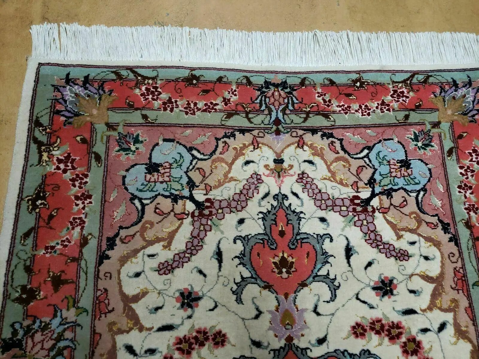 Small Vintage Persian Tabriz Wool and Silk Rug 2.5 x 4 ft, Very Finely Hand Knotted, Medallion, Ivory Salmon Light Blue, Top Quality, Pair B by Jewel Rugs