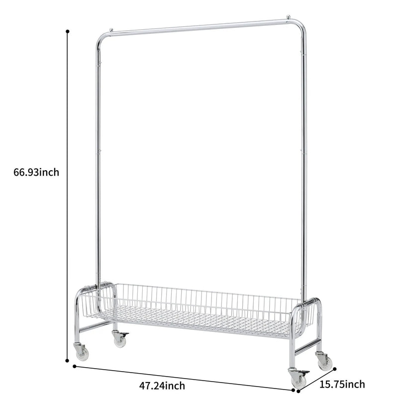 Heavy Duty Iron Garment Rack With Basket On Wheels - Silver by Unique Piece Furniture