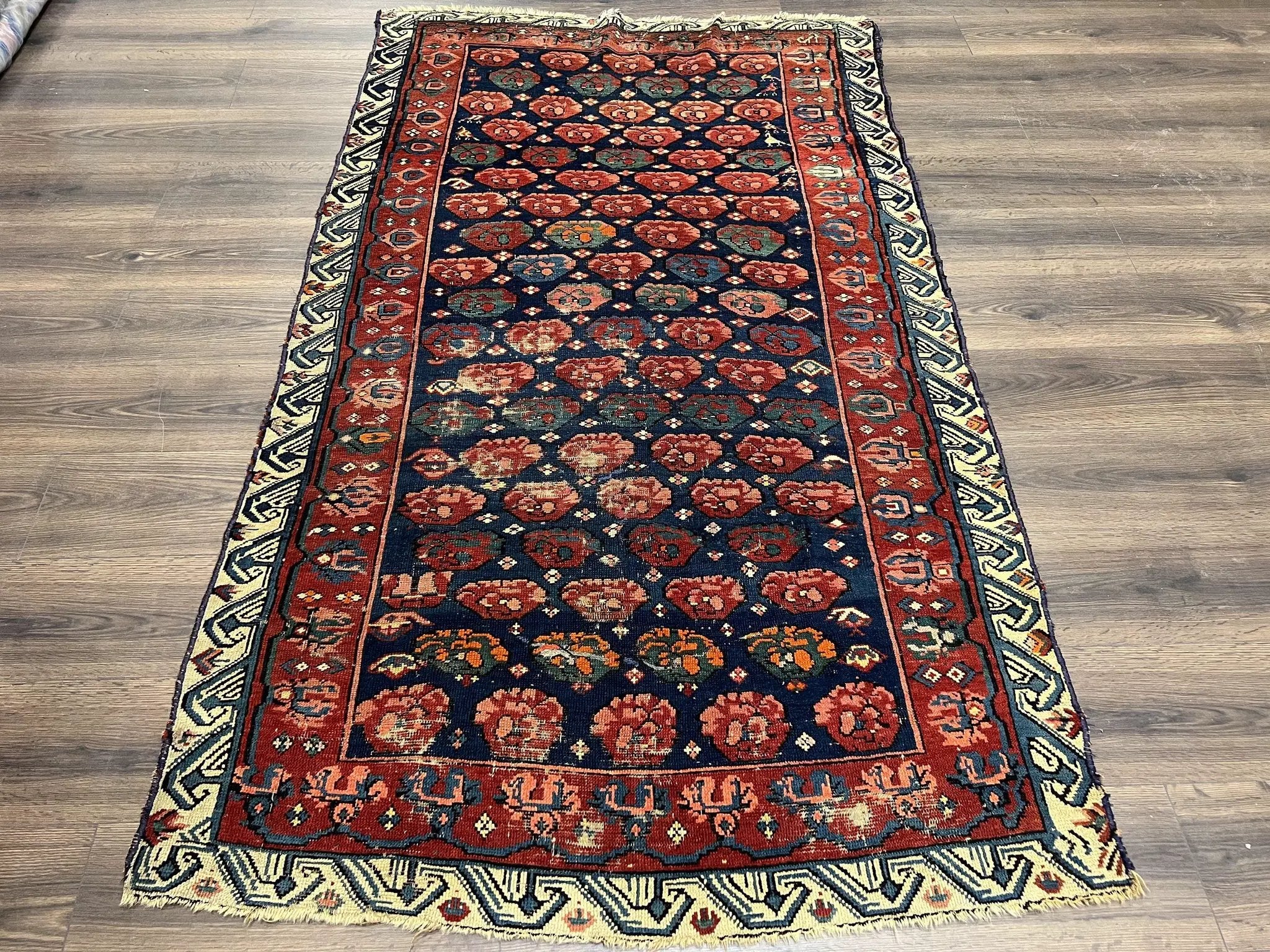Antique Seychour Rug 4x7, Collectible Kuba Caucasian Carpet, Wool Handmade, Red Navy Blue Cream, Repeated Allover Motif, Early 20th Century by Jewel Rugs