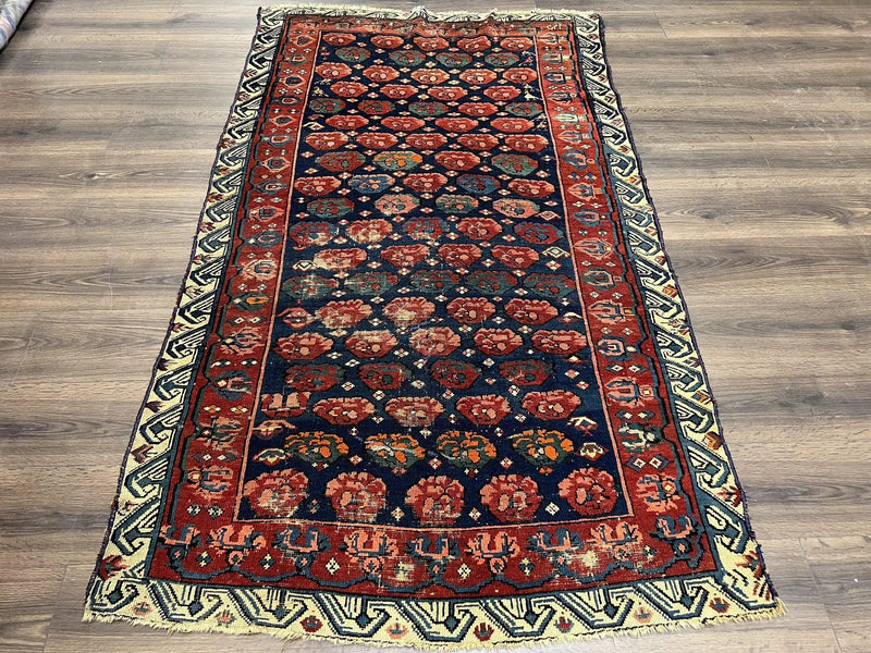 Antique Seychour Rug 4x7, Collectible Kuba Caucasian Carpet, Wool Handmade, Red Navy Blue Cream, Repeated Allover Motif, Early 20th Century by Jewel Rugs