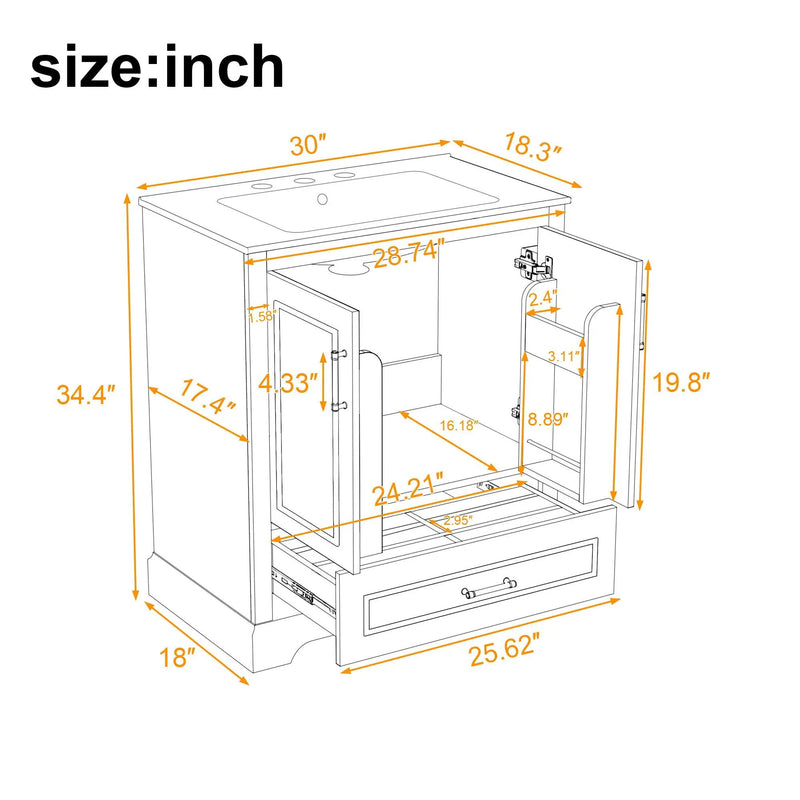 Bathroom Vanity With Sink, 1 Divided Drawer And 2 Soft Close Doors With Double Shelf by Unique Piece Furniture