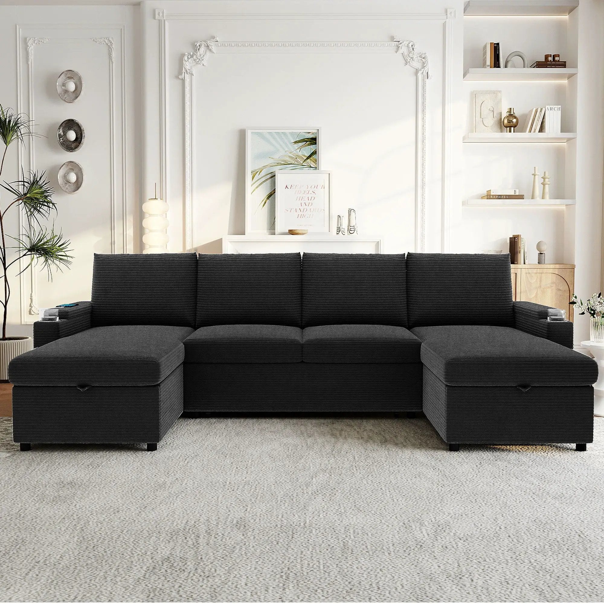 U Shaped Sectional Sofa Bed With Storage Chaise Lounges, USB Ports, And Cup Holders by Unique Piece Furniture
